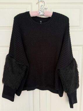 Design Lab by Lord & Taylor Faux Fur Statement Sleeve Ribbed Sweater - Size M